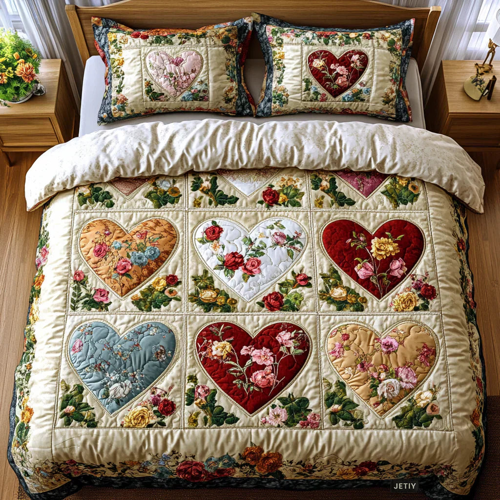 Parure de lit matelassée 3 pièces — Cœurs Amoureux