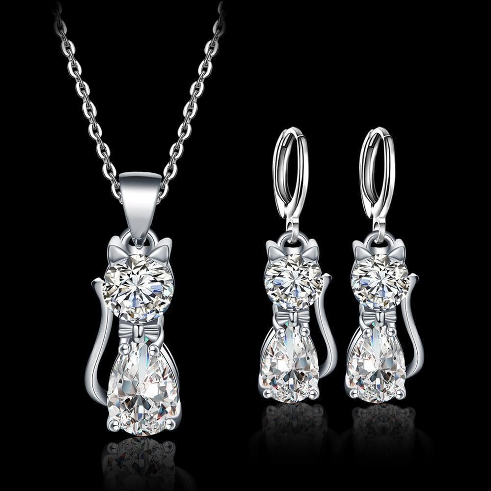 Parure — Collier et Boucles d'Oreilles Chats Heureux Argent et Zirconia