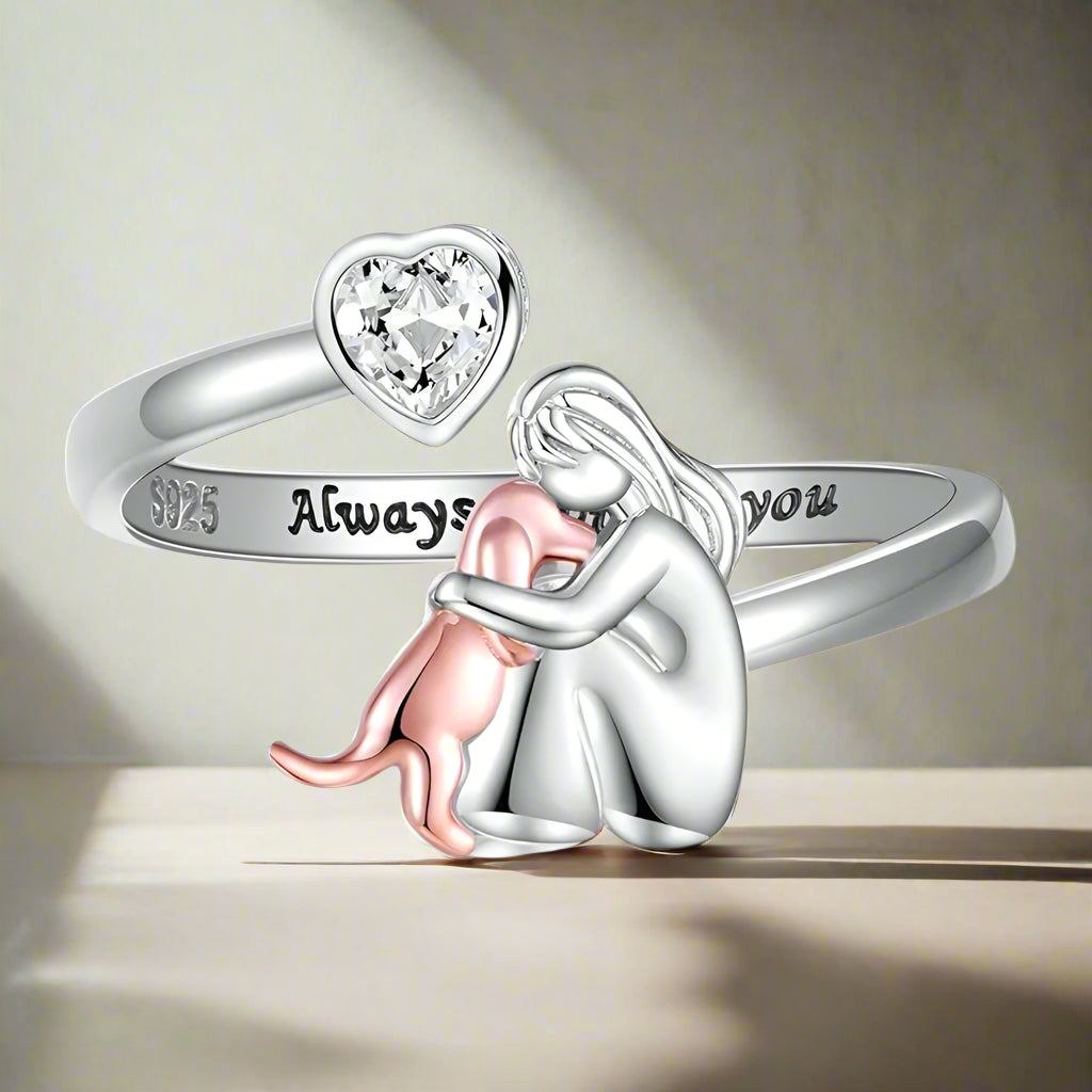 Bague Chien — Argent et Zirconia Blanc, Ajustable